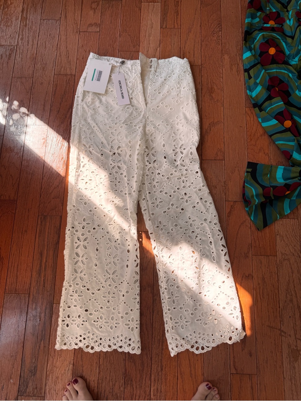Veronica Beard Cream Eyelet Wide-Leg Trousers